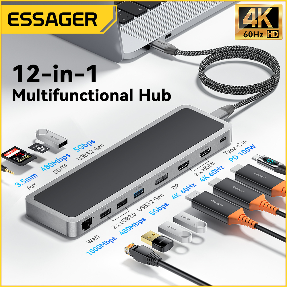 Essager 12 in 1 อะแดปเตอร์ฮับแยกหน้าจอ HDMI 4K 60HZ 5Gbps Type c Usb PD 100W WAN สําหรับแล็ปท็อป