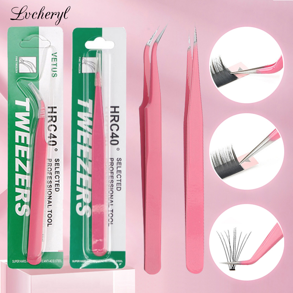Lvcheryl แหนบสเตนเลส ทรงโค้ง สีชมพู สําหรับต่อขนตา DIY