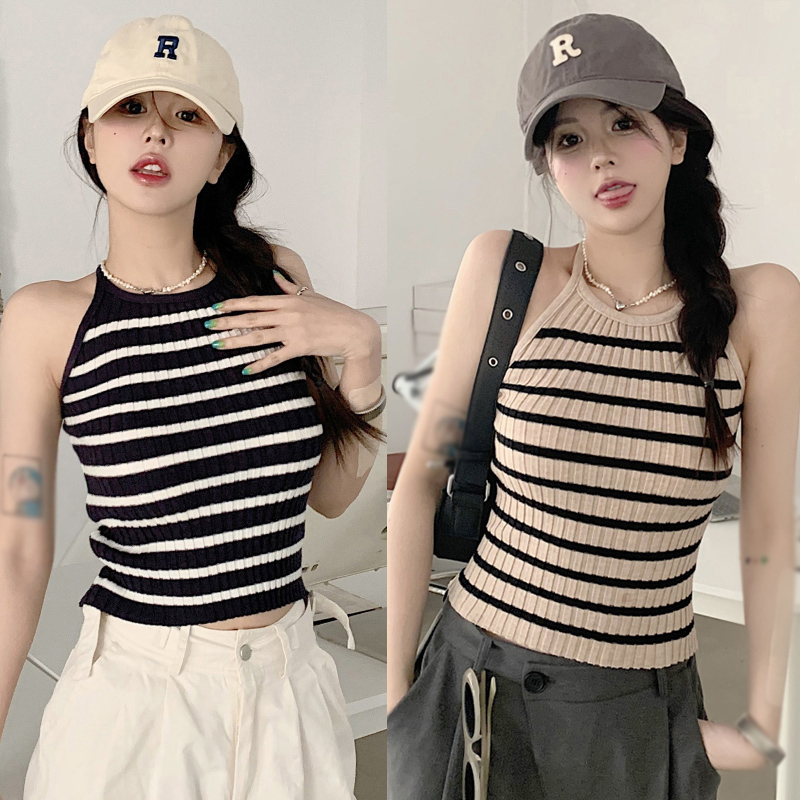 ขายดี เสื้อสายเดี่ยว ผ้าถัก ลายทาง เข้ารูป เซ็กซี่ ขนาดเล็ก สไตล์เกาหลี สําหรับผู้หญิง