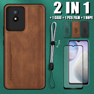 2 IN 1 เคสหนังหรูหรา พร้อมเชือกปรับได้ และตัวป้องกันหน้าจอเซรามิค สําหรับ VIVO Y02