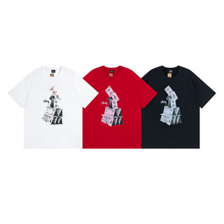 Stussy ฤดูร้อนใหม่ เสื้อยืดผ้าฝ้าย ขนาดใหญ่ คอกลม แขนสั้น พิมพ์ลายโป๊กเกอร์