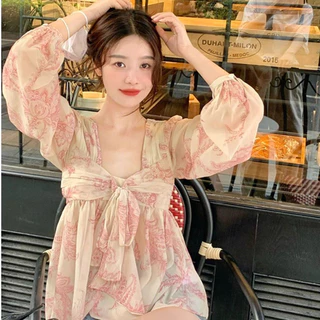 เสื้อชีฟอง แขนยาว ผูกโบว์ พิมพ์ลายดอกไม้ สีชมพู แฟชั่นฤดูใบไม้ผลิ สําหรับผู้หญิง