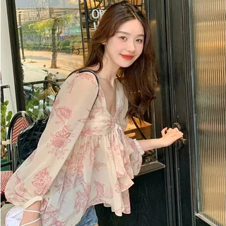 เสื้อชีฟอง แขนยาว ผูกโบว์ พิมพ์ลายดอกไม้ สีชมพู แฟชั่นฤดูใบไม้ผลิ สําหรับผู้หญิง