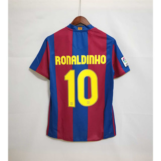 เสื้อกีฬาแขนสั้น ลายทีมชาติฟุตบอล Barcelona RONALDINHO MESSI 07-08 ชุดเหย้า คุณภาพสูง สไตล์เรโทร