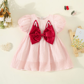 Cartoon Baby Dress Big Bow Rabbit Ears Girls Clothing Bubble Sleeve Childrens Princess Dress 0-3 Year Old Newborn Outwear