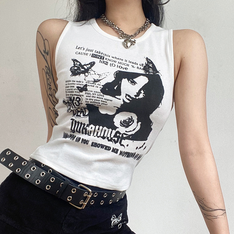 Y2K พิมพ์แขนกุดเซ็กซี่เสื้อกล้ามผู้หญิงเสื้อถัก womenswear