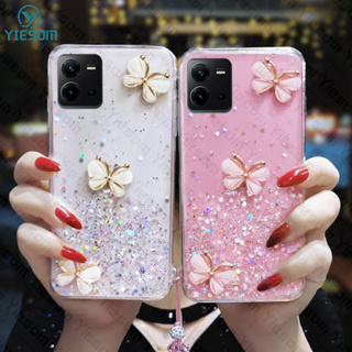 เคสโทรศัพท์ซิลิโคน TPU นิ่ม แบบใส ลายผีเสื้อ กลิตเตอร์ หรูหรา พร้อมสายคล้อง สําหรับ Vivo V25 V23 Pro V23E V25E V21 V21E V20 SE V19