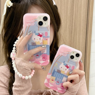 เคสโทรศัพท์มือถือ ลายการ์ตูนแมวสีชมพูน่ารัก พร้อมสายโซ่ลูกปัด สีขาว สําหรับ iPhone 14Pro max 13Pro max 12Pro max 14Pro 13Pro 12Pro 11 12 13 14 case