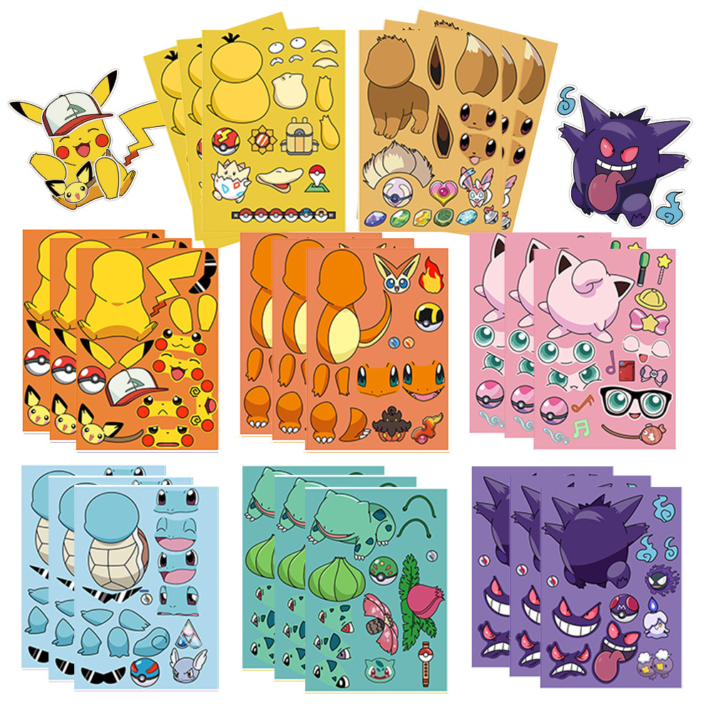 Pokemon Make a Face สติกเกอร์ปริศนา 8 แผ่นหนังสือสติกเกอร์กันน้ํา DIY Make Your Own Squirtle Pikachu การ์ตูนสําหรับของเล่นเด็ก