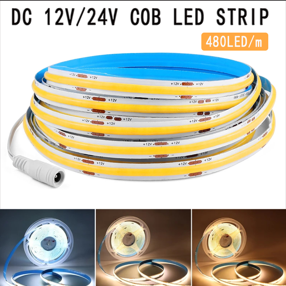 Cob แถบไฟ LED 12V 24V 5M 4M 3M 2M 1M 480LEDs/M ความหนาแน่นสูง ยืดหยุ่น 3000K 4000K 6000K 8 มม. สําหร