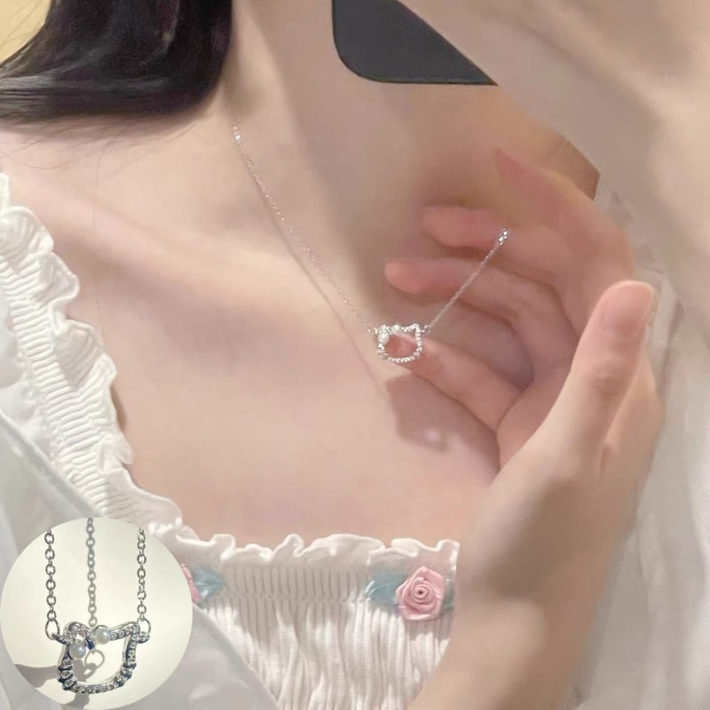 สร้อยคอ ประดับโบว์ ไข่มุก ลายการ์ตูนแมว และเพชร สไตล์เกาหลี ให้เป็นของขวัญ สําหรับนักเรียนหญิง