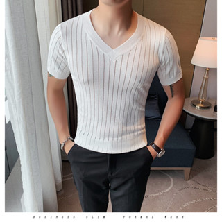 เสื้อยืดลําลอง คอสูง ผ้าถัก เข้ารูป ลายทาง เหมาะกับฤดูร้อน สําหรับผู้ชาย ไซซ์ M - 3xl