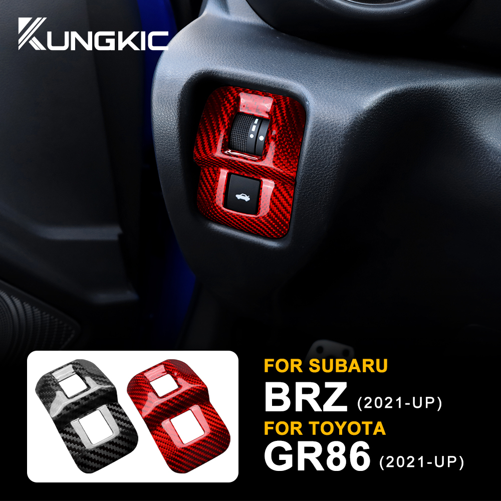 Kungkic คาร์บอนไฟเบอร์แห้งจริงสําหรับ Subaru BRZ Toyota GR86 2021-2024 รถ Trunk สวิทช์ควบคุมตกแต่งกรอบสติกเกอร์อุปกรณ์ตกแต่งภายใน