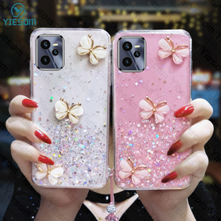 เคสโทรศัพท์มือถือ ซิลิโคนนุ่ม TPU ใส ลายผีเสื้อ แต่งกลิตเตอร์ พร้อมสายคล้องคริสตัล สําหรับ Realme C55 C35 C33 C30 C30S C21Y C25Y C21 C20 C25 C25S C17 C15 C12 C11 2021