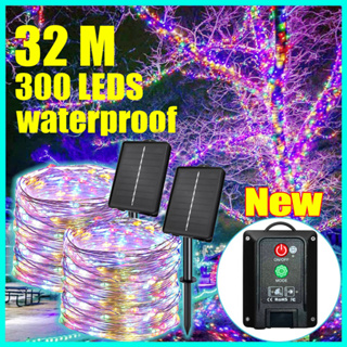 Ligyetor โคมไฟ LED 300 ดวง พลังงานแสงอาทิตย์ 32 เมตร กันน้ํา 8 โหมด สําหรับตกแต่งสวน ปาร์ตี้คริสต์มาส บ้าน