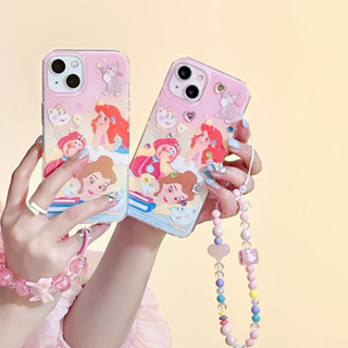 Disney เคสป้องกันโทรศัพท์มือถือ PC และซิลิโคน แบบนิ่ม ลายการ์ตูนเจ้าหญิงดิสนีย์ มีสายโซ่ลูกปัด สีชมพู สําหรับ iphone 14Pro max 13Pro max 12Pro max 14Pro 13Pro 12Pro 11 12 13 14 case