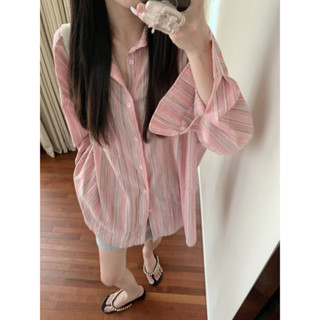 【JMWOMEN】 เสื้อเชิ้ตแขนยาวลําลอง ผ้าฝ้ายแท้ กันแดด ลายทาง สีชมพู สไตล์เกาหลี สําหรับผู้หญิง