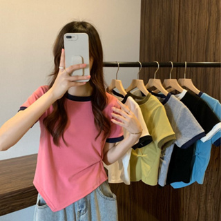 WANG JIAO ZHAN ใหม่ เสื้อครอปท็อป ตัวสั้น ดีไซน์ไม่เหมือนใคร สีตัดกัน แฟชั่น