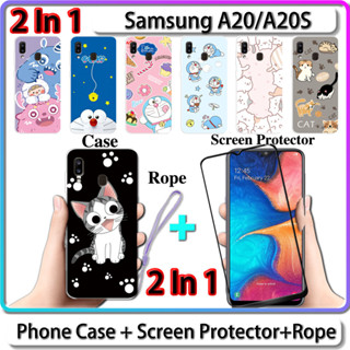 2 IN 1 เคส สําหรับ Samsung A20 A30 เคส พร้อมกระจกนิรภัยโค้ง ป้องกันหน้าจอ เซรามิค ลายแมว และโดราเอมอน