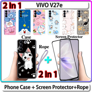 2 IN 1 เคส สําหรับ VIVO V27e เคส พร้อมกระจกนิรภัยโค้ง ป้องกันหน้าจอ เซรามิค ลายแมว และโดราเอมอน