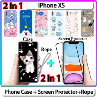 2 IN 1 เคส สําหรับ iPhone XS เคส พร้อมกระจกนิรภัยโค้ง ป้องกันหน้าจอเซรามิค ลายแมวและโดราเอมอน