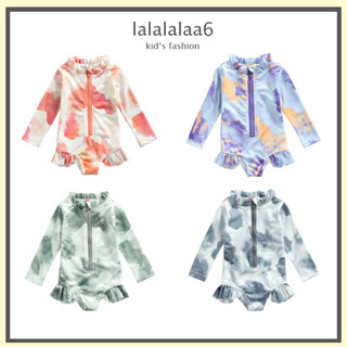 Laa6 ชุดว่ายน้ํา คอกลม แขนยาว มีซิป สีมัดย้อม พร้อมระบาย สําหรับเด็ก