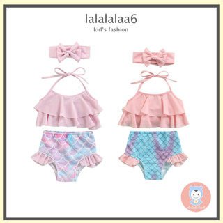 Laa6- เสื้อสายเดี่ยว แต่งระบาย สีพื้น + กางเกงนางเงือก + ที่คาดผม สําหรับเด็กวัยหัดเดิน