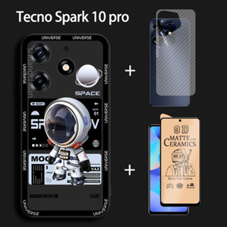 3in1 สําหรับ Tecno spark 10 pro เคสโทรศัพท์ ฟิล์มเซรามิค + ฟิล์มด้านหลัง + แบรนด์อินเทรนด์ การ์ตูน นักบินอวกาศ วิศวกรรม อวกาศ เคสโทรศัพท์ กันกระแทก นิ่ม TPU