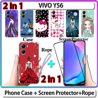 2 IN 1 เคส สําหรับ VIVO Y56 เคส พร้อมกระจกนิรภัยโค้ง ป้องกันหน้าจอเซรามิค สําหรับเด็กผู้หญิง และคิตตี้