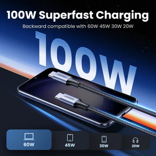Ugreen สายชาร์จเร็ว PD100W 20V 5A ไนลอนถัก USB C เป็นสาย USB