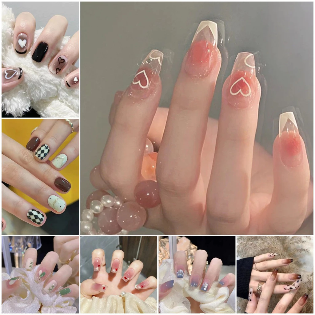 เล็บปลอม แบบยาว พร้อมกาวเจลลี่ สไตล์ฝรั่งเศส มี 24 ชิ้น