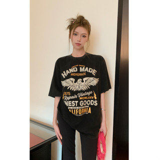 【JMWOMEN】เสื้อยืดแขนสั้น ทรงหลวม พิมพ์ลาย Mistletoe American Retro แฟชั่นฤดูร้อน สไตล์สตรีท สําหรับผู้หญิง