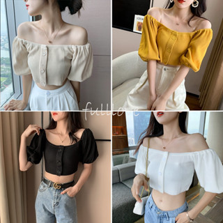 Fulllove เสื้อปาดไหล่ สุดหรู หวานสุดๆ/แต่งกระดุมหน้า แขนตุ๊กตา เซ็กซี่เลิศ