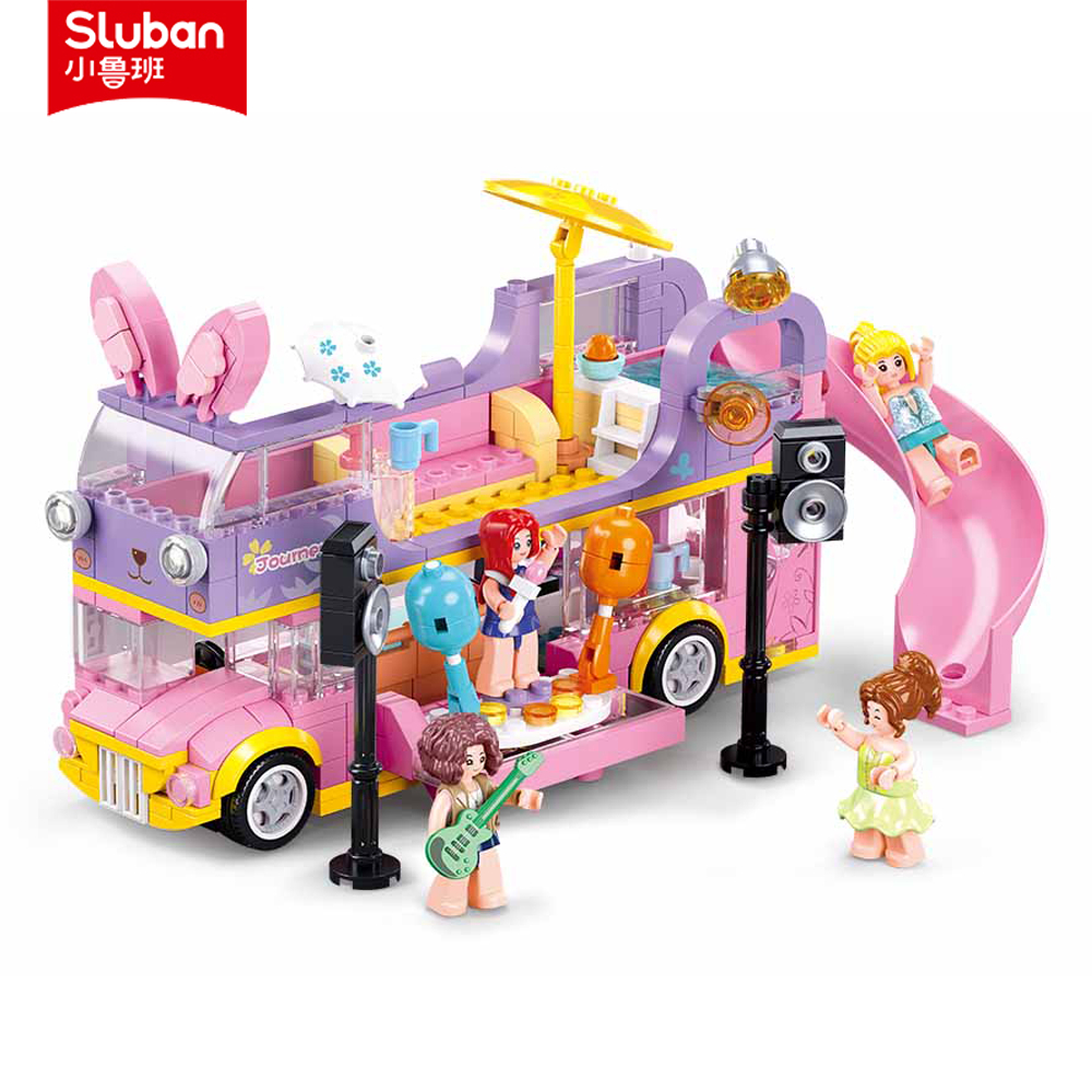 Sluban Building Block ของเล่นเด็กหญิง Dream สีชมพู B01165 Party Music RV 412PCS Double-Dered Bus อิฐเข้ากันได้กับแบรนด์ชั้นนํา