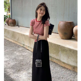 เสื้อยืด แขนสั้น ผ้าฝ้าย ลายทาง เรียบง่าย สไตล์เกาหลี สําหรับผู้หญิง