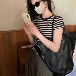 เสื้อยืด แขนสั้น ผ้าฝ้าย ลายทาง เรียบง่าย สไตล์เกาหลี สําหรับผู้หญิง