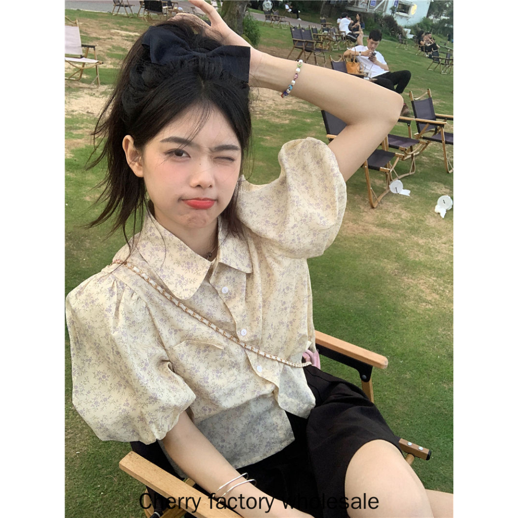 เสื้อเชิ้ตแขนสั้น คอตุ๊กตา ลายดอกไม้ แฟชั่นสําหรับสตรี