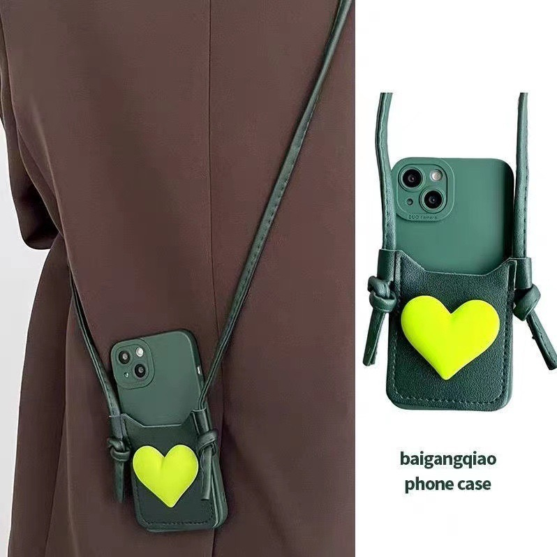 Neon Heart Card Slot สลิงเคสโทรศัพท์สําหรับ iPhone17 16Pro 15 14 13 12Pro 11 Xsmax 78plus XR SE3 Ful