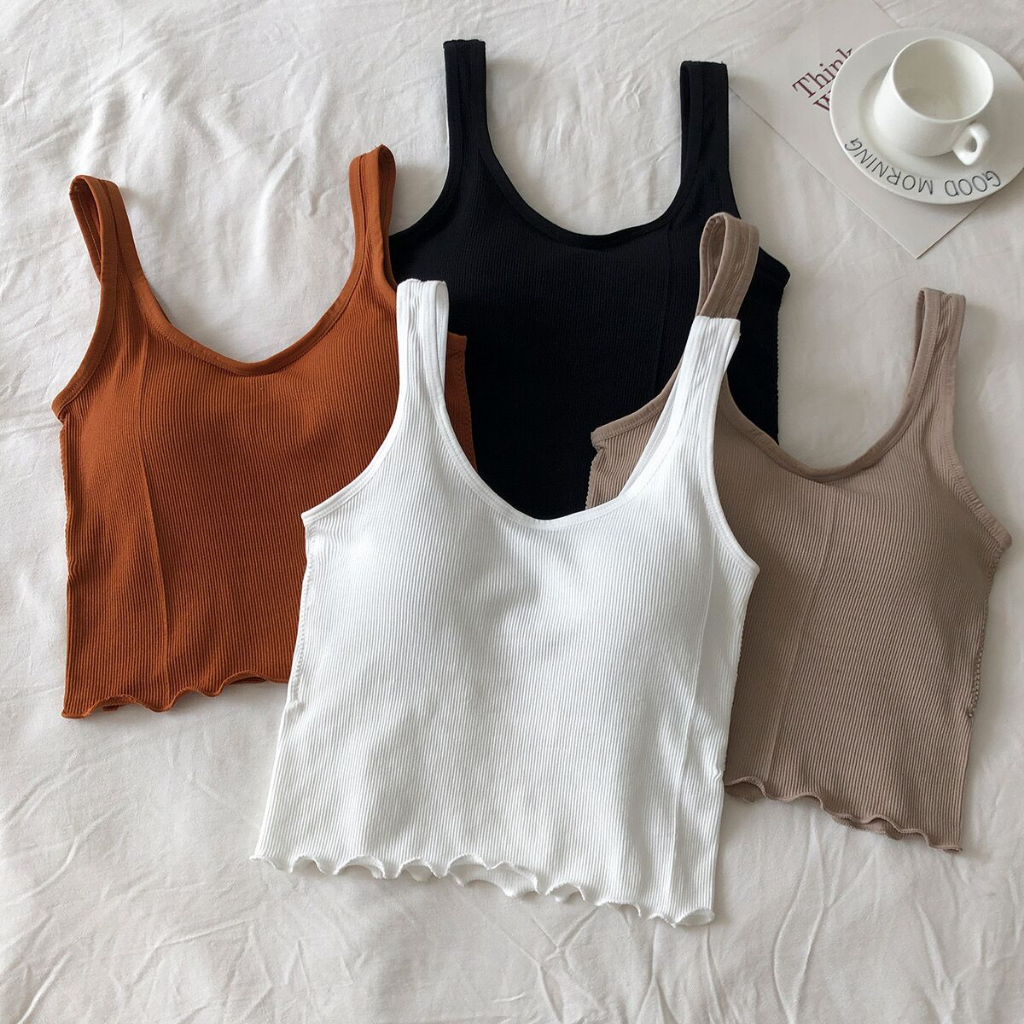 ฤดูร้อนเกาหลีรุ่น Slim-Fit สีทึบด้านบนไม่มีแหวนเหล็กหน้าอก Pad สั้นแขนกุด Tube Camisole ผู้หญิง ราคา ถูกที่สุด ดีลบีเคเค