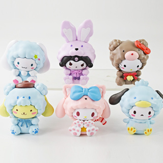 โมเดลฟิกเกอร์ PVC อนิเมะญี่ปุ่น Sanrio Hello Kitty Kuromi My Melody Cinnamoro Pochacco Onpompurin ของเล่นสําหรับเด็ก 6 ชิ้น ต่อชุด