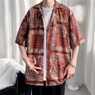 （ 3 สี M-3XL）เสื้อเชิ้ตเกาหลี รูปแบบโทเท็ม ผ้านุ่ม เสื้อเชิ้ตผู้ชาย สไตล์ชาติพันธุ์นอร์ดิก เสื้อฮาวายเท่ๆ แฟชั่นฤดูร้อน พร้อมส่ง