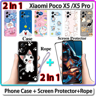 2 IN 1 เคส สําหรับ Xiaomi Poco X5 Poco X5 Pro เคส พร้อมกระจกนิรภัย โค้ง เซรามิค ป้องกันหน้าจอ แมว และโดราเอมอน