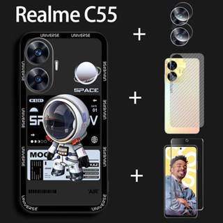 เคส Realme C55 และฟิล์มกระจกนิรภัยกันรอยหน้าจอ ฟิล์มกันรอยเลนส์กล้อง ด้านหลัง ลายนักบินอวกาศ 4in1