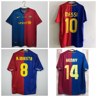 เสื้อกีฬาแขนสั้น ลายทีมชาติฟุตบอล Barcelona Messi Puyol Iniesta Henry 2008-09 ชุดเหย้า สไตล์เรโทร