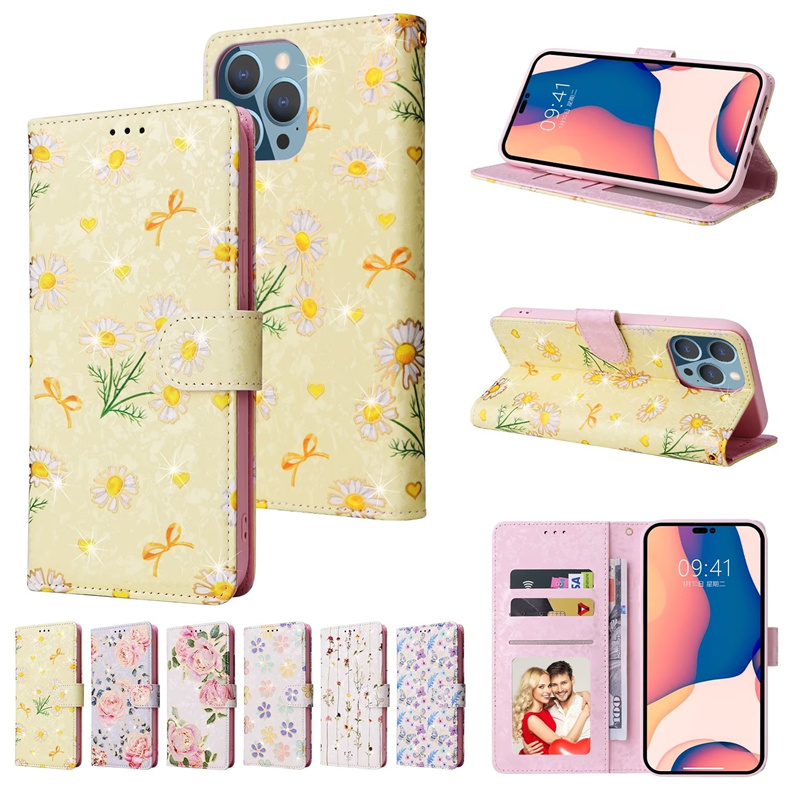 กระเป๋าสตางค์หนังพลิกสําหรับ Iphone 14 15 Plus Pro Max ฝาครอบปวดดอกไม้น่ารัก
