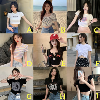 พร้อมส่ง เสื้อยืด เสื้อครอปท็อป แขนสั้น ลําลอง สไตล์เกาหลี สําหรับผู้หญิง