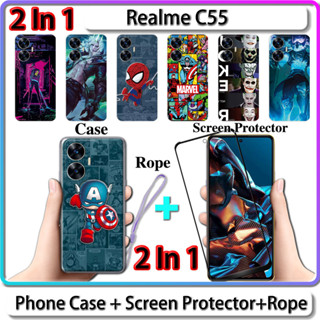 เคส 2 IN 1 สําหรับ Realme C55 เคสพร้อมกระจกนิรภัยกันรอยหน้าจอโค้ง เซรามิค LOL และการออกแบบฮีโร่