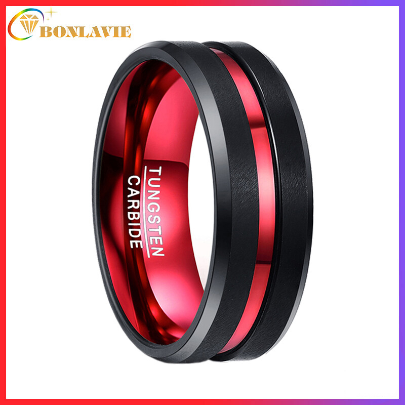 BONLAVIE ผู้ชาย 8 มม. สีดําและสีแดง 100% แหวนทังสเตนคาร์ไบด์แท้ Matte Finish Beveled Edges ขนาด 7 ถึ