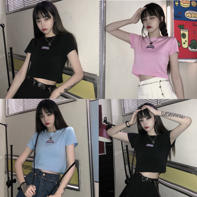 【WJZ】เสื้อยืดแขนสั้นพิมพ์ลายตัวอักษรสไตล์เกาหลีแฟชั่นสตรี【6694】