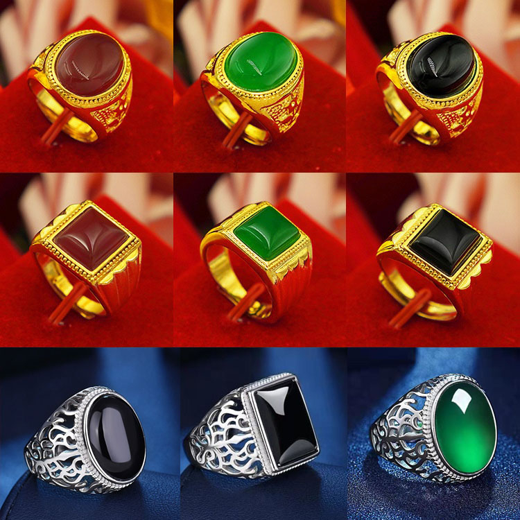 สแควร์/รูปไข่อัญมณีคริสตัลผู้ชายแหวนทอง Obsidian Cincin แฟชั่นผู้ชาย Jewellery